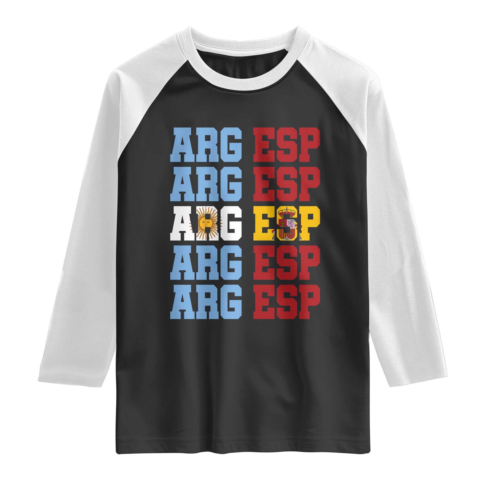 Retro ARG ESP Argentina Espana Flag Typography Graphic Raglan Shirt Country Code Dual Argentine Spanish Heritage Pride TS02 Black White Print Your Wear