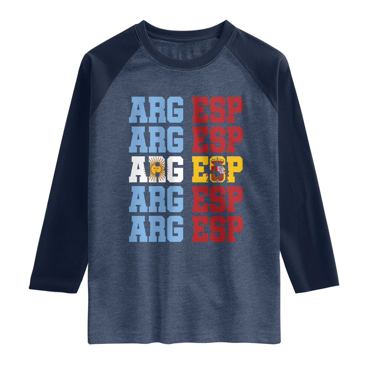 Retro ARG ESP Argentina Espana Flag Typography Graphic Raglan Shirt Country Code Dual Argentine Spanish Heritage Pride TS02 Heather Denim Navy Print Your Wear
