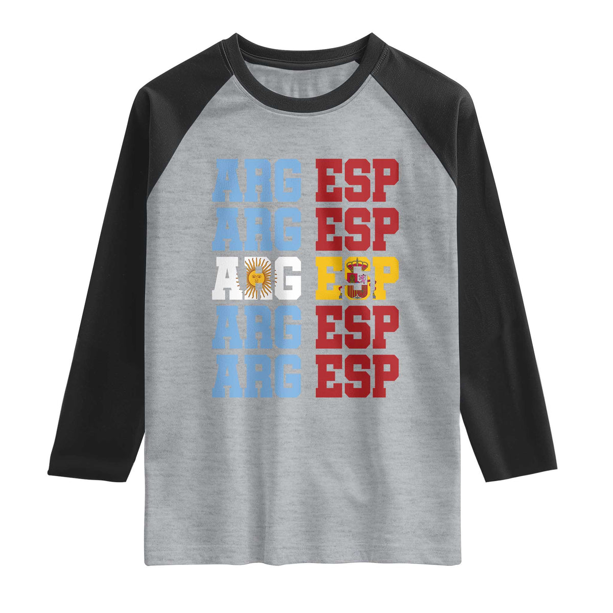Retro ARG ESP Argentina Espana Flag Typography Graphic Raglan Shirt Country Code Dual Argentine Spanish Heritage Pride TS02 Heather Gray Black Print Your Wear