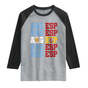 Retro ARG ESP Argentina Espana Flag Typography Graphic Raglan Shirt Country Code Dual Argentine Spanish Heritage Pride TS02 Heather Gray Black Print Your Wear