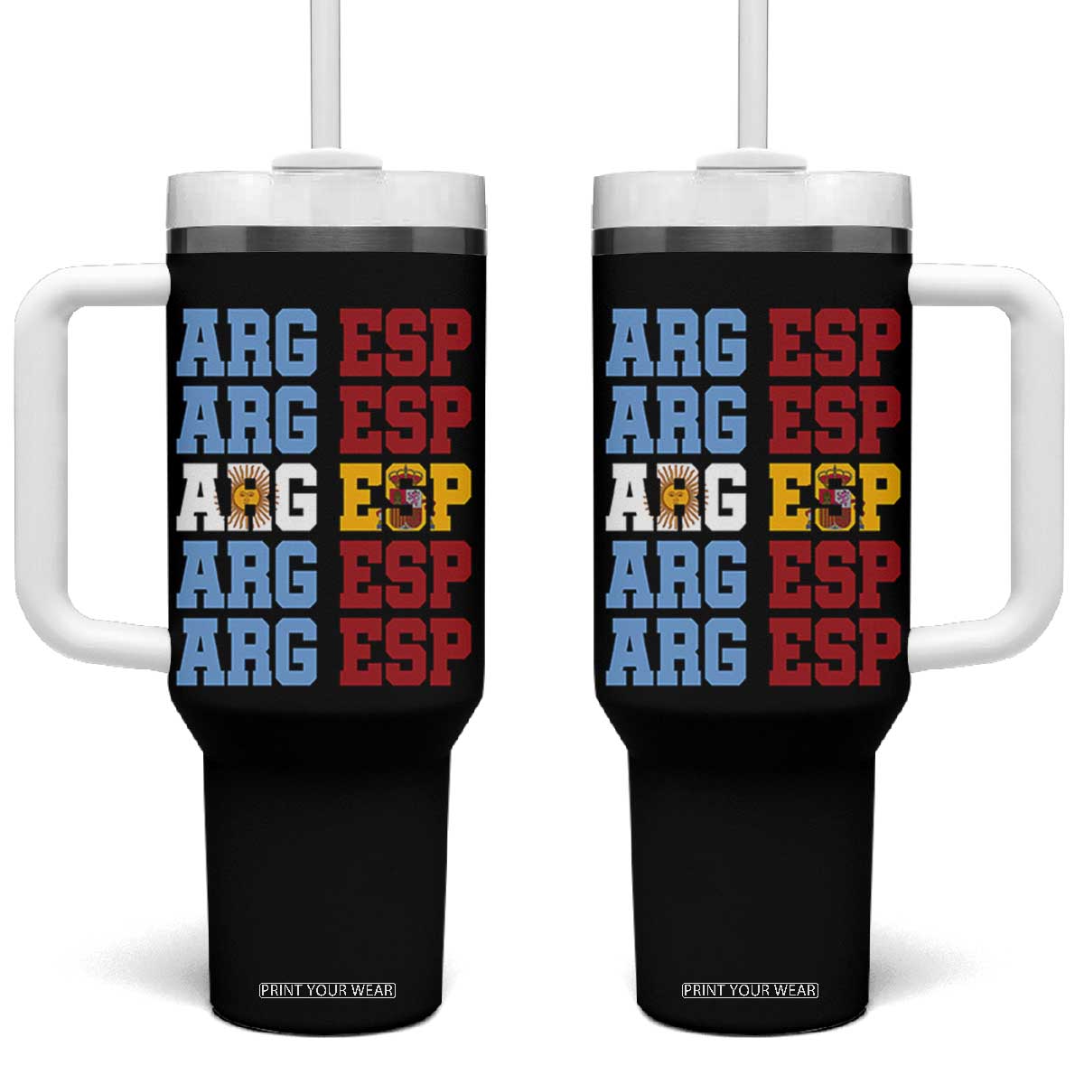 Retro ARG ESP Argentina Espana Flag Typography Graphic Tumbler With Handle Country Code Dual Argentine Spanish Heritage Pride TS02 One Size: 40 oz Black Print Your Wear