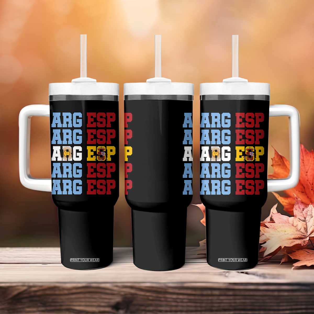Retro ARG ESP Argentina Espana Flag Typography Graphic Tumbler With Handle Country Code Dual Argentine Spanish Heritage Pride TS02 Print Your Wear