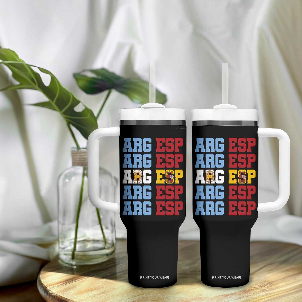 Retro ARG ESP Argentina Espana Flag Typography Graphic Tumbler With Handle Country Code Dual Argentine Spanish Heritage Pride TS02 Print Your Wear