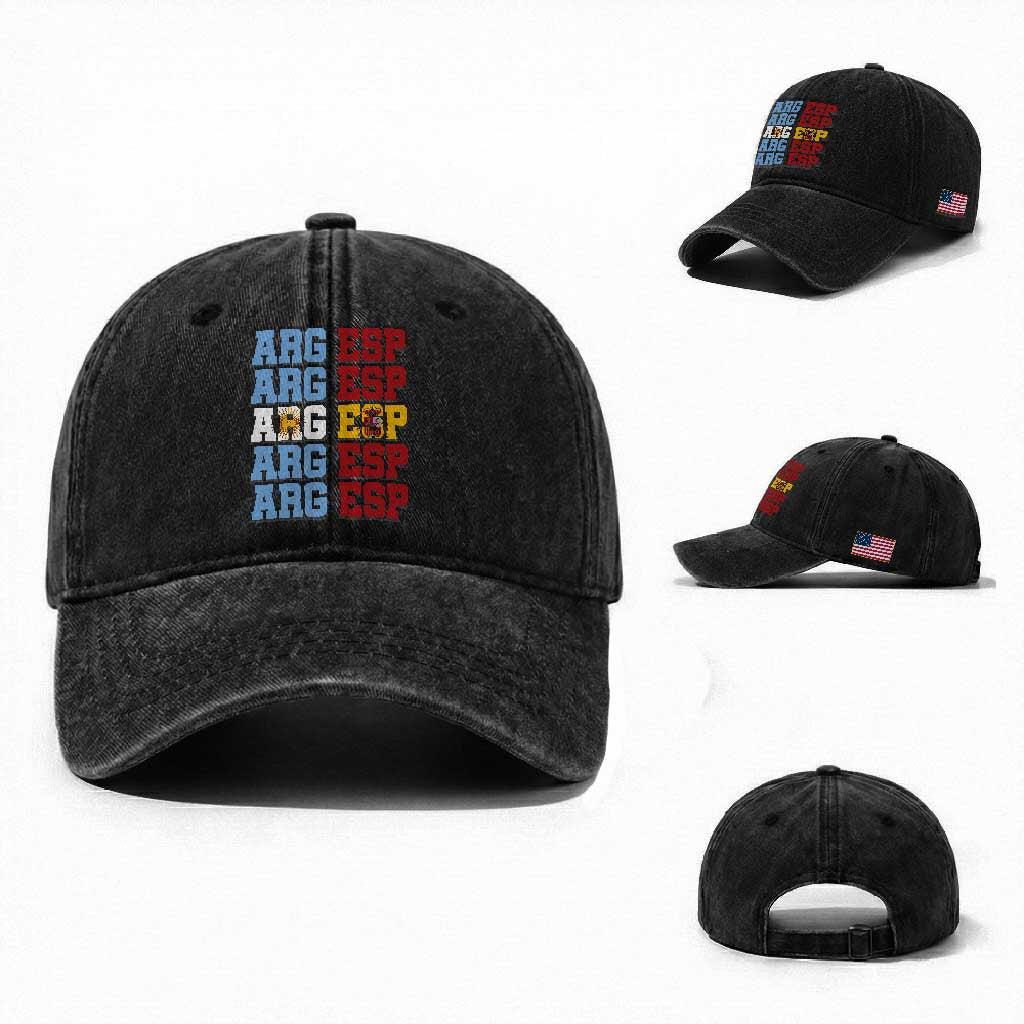 Retro ARG ESP Argentina Espana Flag Typography Graphic Washed Cotton Baseball Cap Country Code Dual Argentine Spanish Heritage Pride TS02 Washed Cap Universal Fit Black Print Your Wear