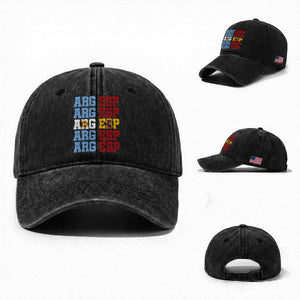 Retro ARG ESP Argentina Espana Flag Typography Graphic Washed Cotton Baseball Cap Country Code Dual Argentine Spanish Heritage Pride TS02 Washed Cap Universal Fit Black Print Your Wear