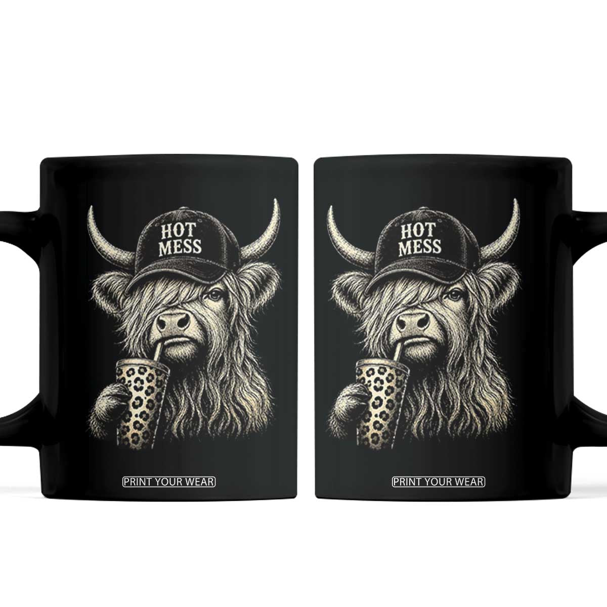 Hot Mess Highland Cow Sipping Iced Coffee Meme Coffee Mug Funny Sarcastic Everyday Life Country Western Style TS02 Black Print Your Wear