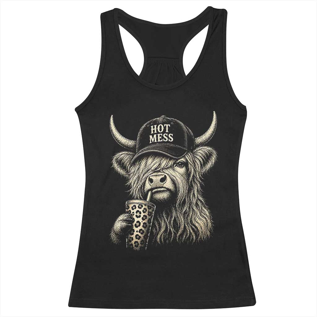 Hot Mess Highland Cow Sipping Iced Coffee Meme Racerback Tank Top Funny Sarcastic Everyday Life Country Western Style TS02 Black Print Your Wear
