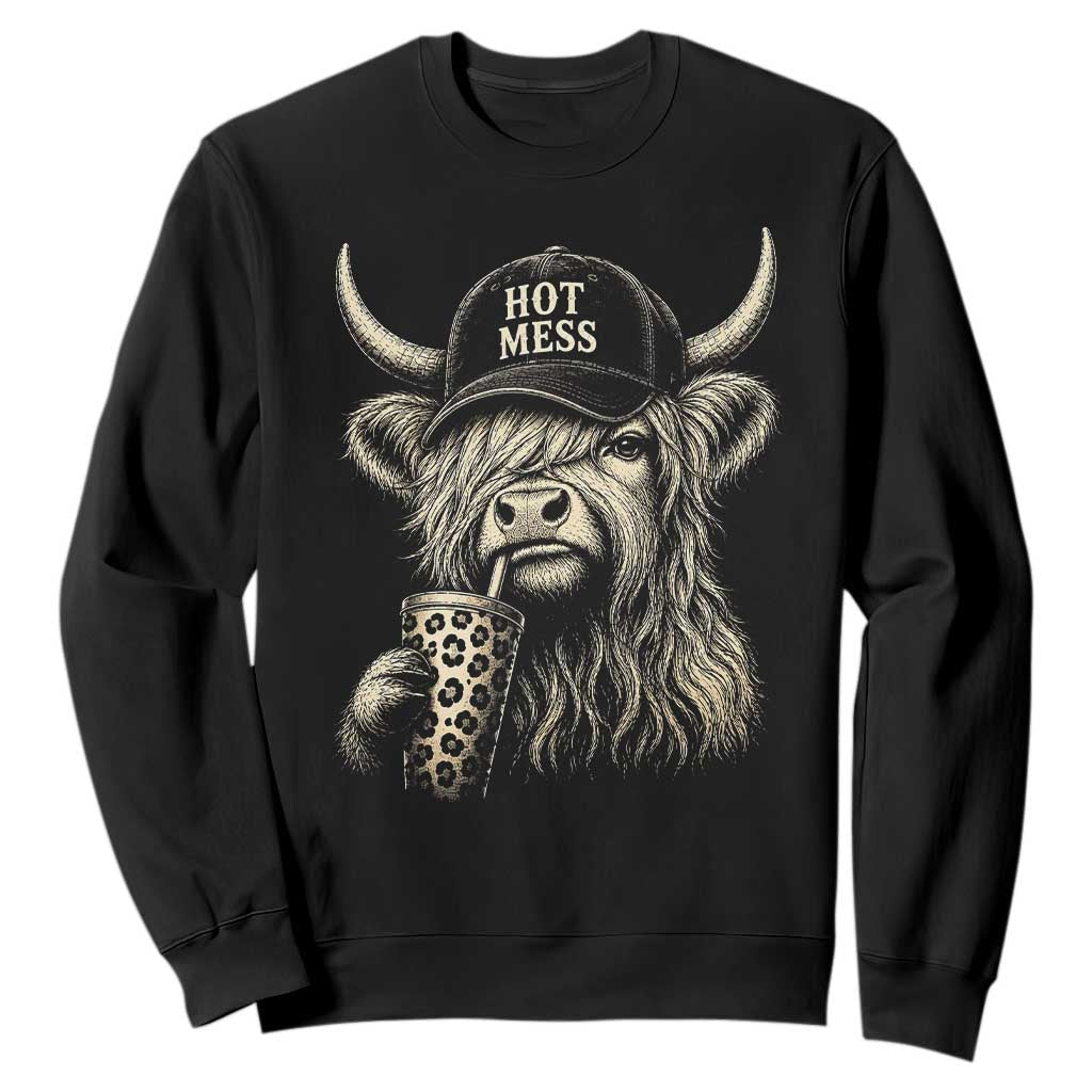 Hot Mess Highland Cow Sipping Iced Coffee Meme Sweatshirt Funny Sarcastic Everyday Life Country Western Style TS02 Black Print Your Wear