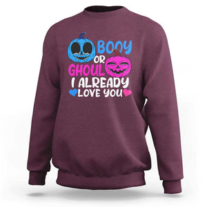 Halloween Gender Reveal Sweatshirt Boy Or Girl I Already Love You Blue Or Pink Cute Pumpkin Baby Shower TS02 Maroon Print Your Wear