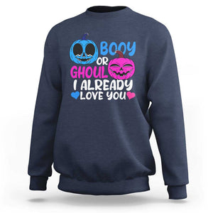 Halloween Gender Reveal Sweatshirt Boy Or Girl I Already Love You Blue Or Pink Cute Pumpkin Baby Shower TS02 Navy Print Your Wear