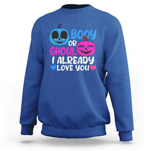 Halloween Gender Reveal Sweatshirt Boy Or Girl I Already Love You Blue Or Pink Cute Pumpkin Baby Shower TS02 Royal Blue Print Your Wear