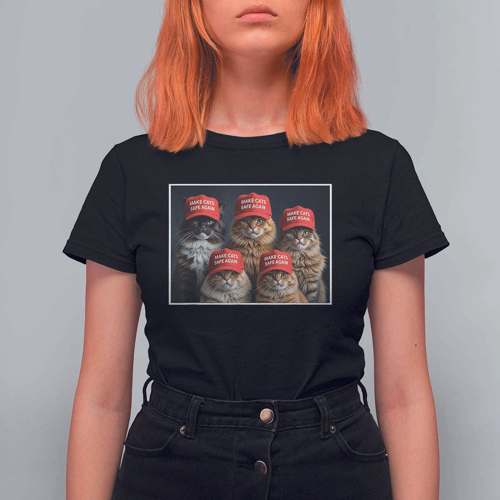 Trump Debate 2024 T Shirt For Women Make Cats Safe Again Funny Cat In Red Hat TS02 Black Print Your Wear