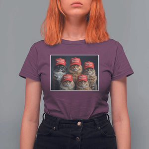 Trump Debate 2024 T Shirt For Women Make Cats Safe Again Funny Cat In Red Hat TS02 Maroon Print Your Wear