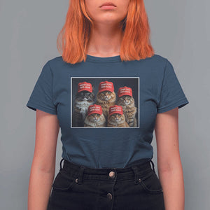 Trump Debate 2024 T Shirt For Women Make Cats Safe Again Funny Cat In Red Hat TS02 Navy Print Your Wear