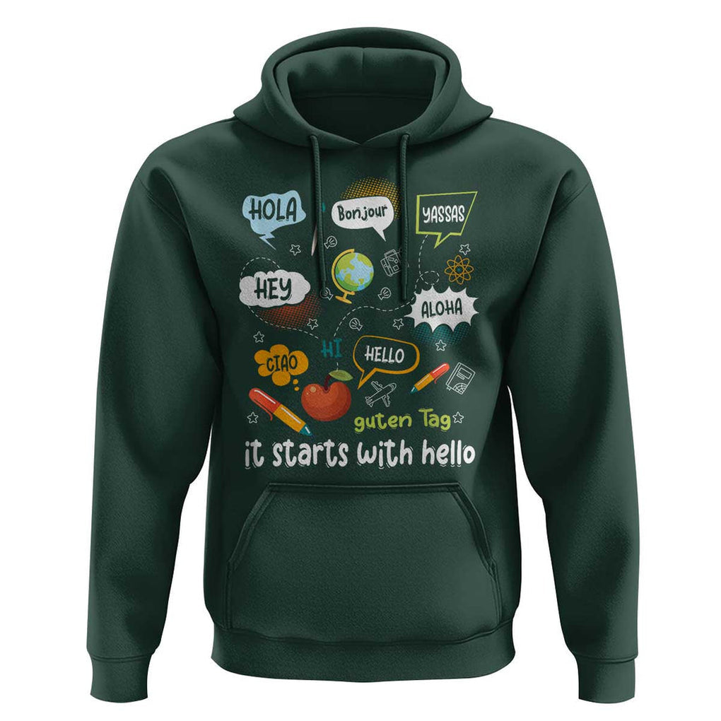 Inclusion Matters Hoodie It Starts With Hello In Languages TS02 Dark Forest Green Print Your Wear