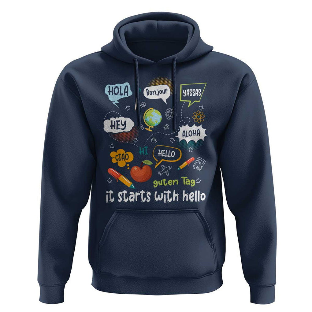 Inclusion Matters Hoodie It Starts With Hello In Languages TS02 Navy Print Your Wear
