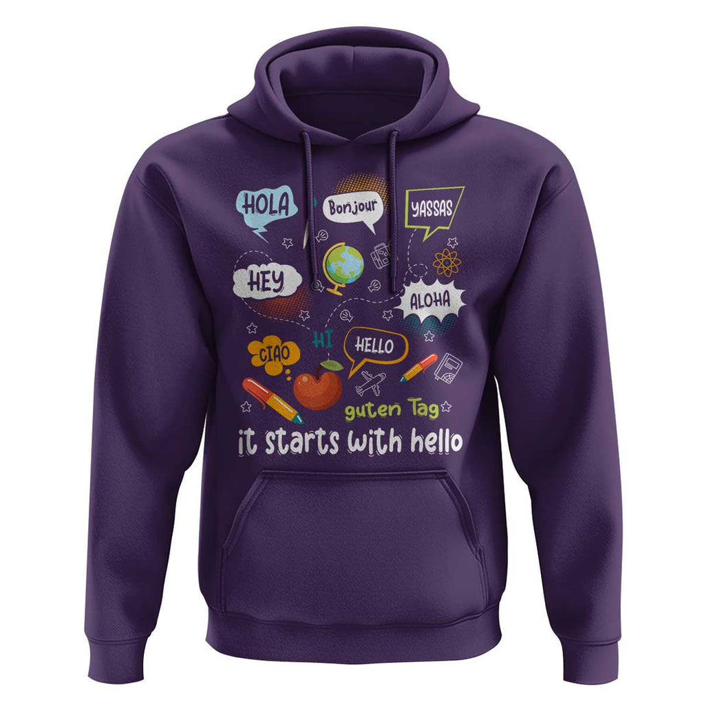 Inclusion Matters Hoodie It Starts With Hello In Languages TS02 Purple Print Your Wear