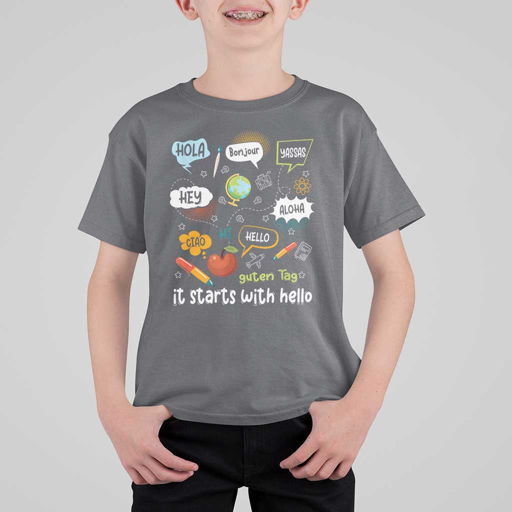 Inclusion Matters T Shirt For Kid It Starts With Hello In Languages TS02 Charcoal Print Your Wear