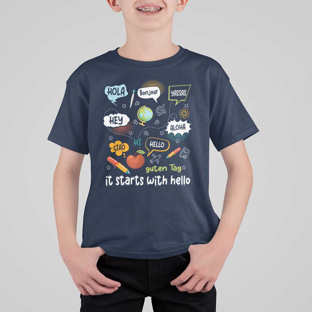 Inclusion Matters T Shirt For Kid It Starts With Hello In Languages TS02 Navy Print Your Wear