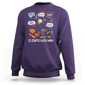 Inclusion Matters Sweatshirt It Starts With Hello In Languages TS02 Purple Print Your Wear