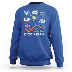 Inclusion Matters Sweatshirt It Starts With Hello In Languages TS02 Royal Blue Print Your Wear