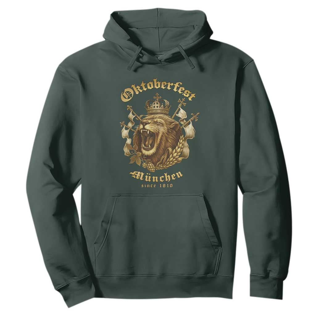 Oktoberfest Munchen Roaring Lion Hoodie Since 1810 Crown and Beer Weapon TS02 Dark Forest Green Print Your Wear