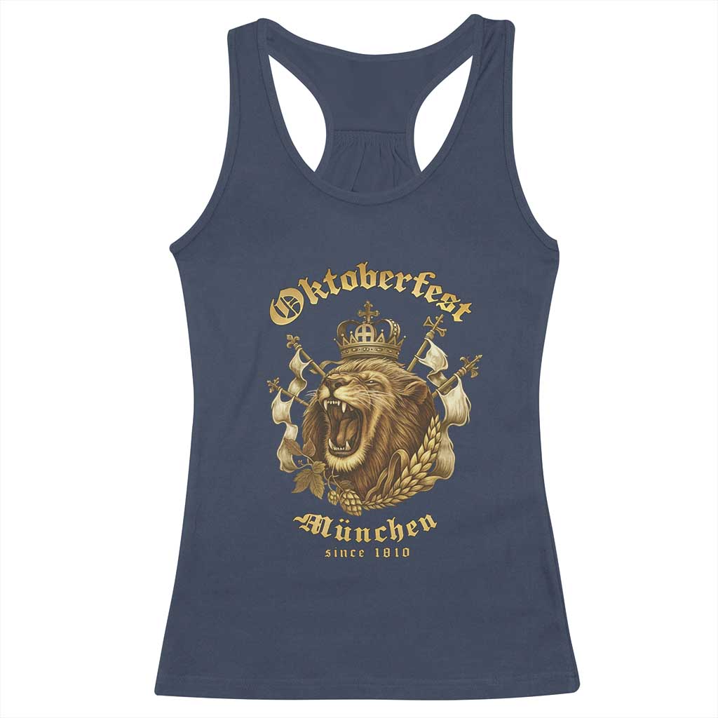 Oktoberfest Munchen Roaring Lion Racerback Tank Top Since 1810 Crown and Beer Weapon TS02 Navy Print Your Wear