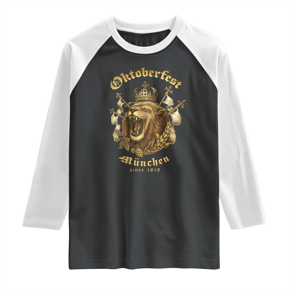 Oktoberfest Munchen Roaring Lion Raglan Shirt Since 1810 Crown and Beer Weapon TS02 Black White Print Your Wear