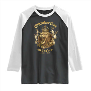 Oktoberfest Munchen Roaring Lion Raglan Shirt Since 1810 Crown and Beer Weapon TS02 Black White Print Your Wear