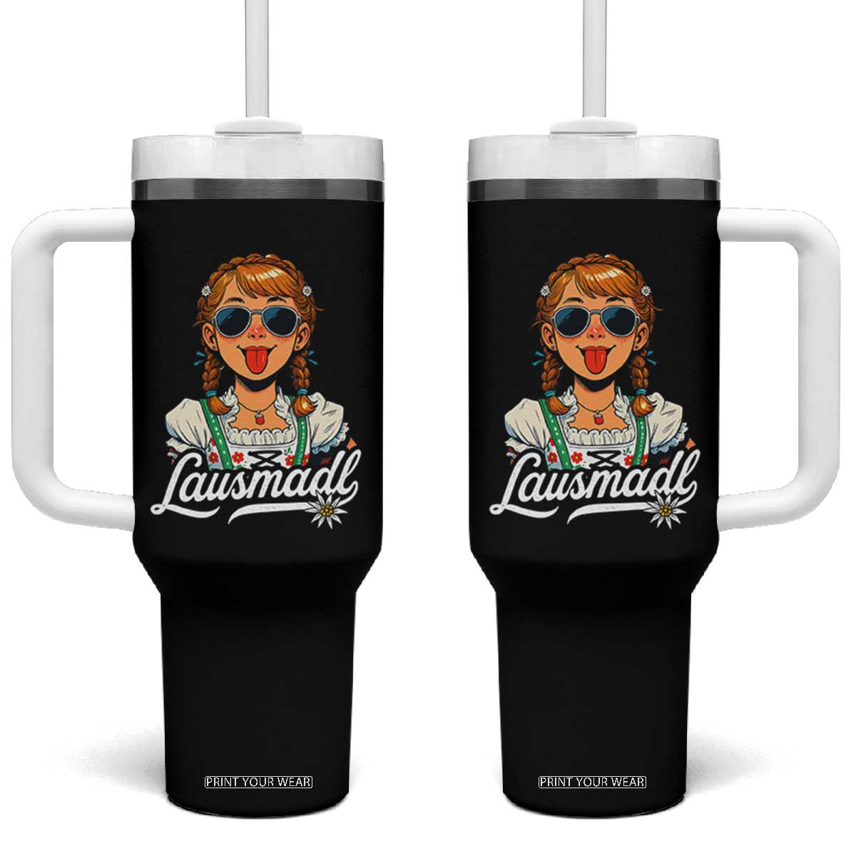 Funny Lausmadl Oktoberfest Tumbler With Handle Bavarian Girl with Braids Sunnies and Sass TS02 One Size: 40 oz Black Print Your Wear