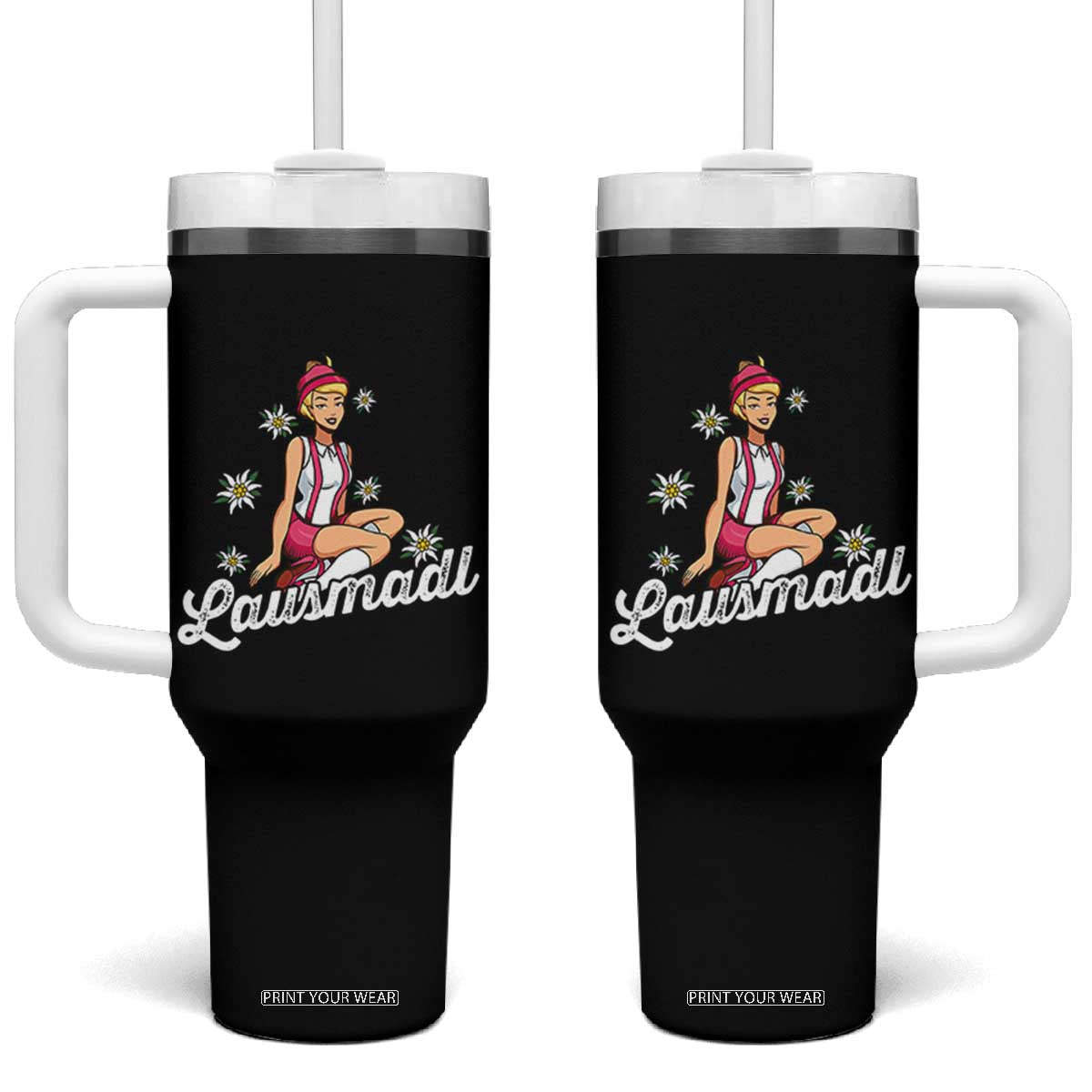 Bavarian Pin Up Girl Lausmadl Tumbler With Handle Oktoberfest Edelweiss Flowers TS02 One Size: 40 oz Black Print Your Wear
