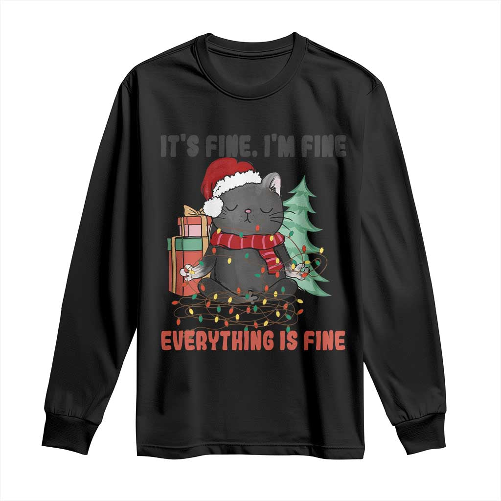 Christmas Black Cat Long Sleeve Shirt It's Fine I'm Fine Everything Is Fine Xmas Light Funny TS02 Black Print Your Wear