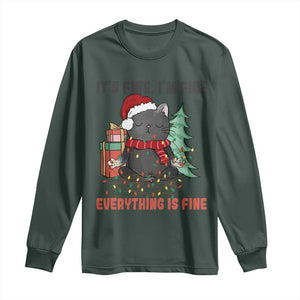 Christmas Black Cat Long Sleeve Shirt It's Fine I'm Fine Everything Is Fine Xmas Light Funny TS02 Dark Forest Green Print Your Wear