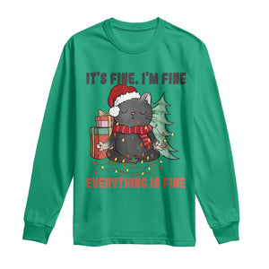 Christmas Black Cat Long Sleeve Shirt It's Fine I'm Fine Everything Is Fine Xmas Light Funny TS02 Irish Green Print Your Wear