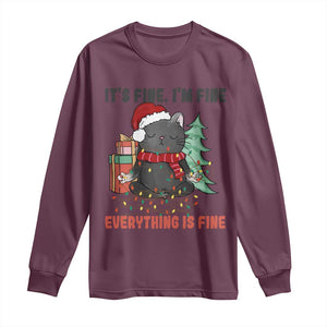 Christmas Black Cat Long Sleeve Shirt It's Fine I'm Fine Everything Is Fine Xmas Light Funny TS02 Maroon Print Your Wear