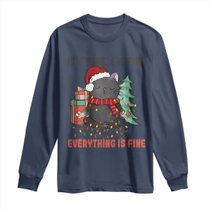 Christmas Black Cat Long Sleeve Shirt It's Fine I'm Fine Everything Is Fine Xmas Light Funny TS02 Navy Print Your Wear