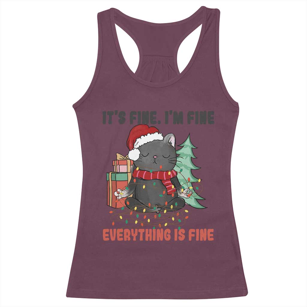 Christmas Black Cat Racerback Tank Top It's Fine I'm Fine Everything Is Fine Xmas Light Funny TS02 Maroon Print Your Wear