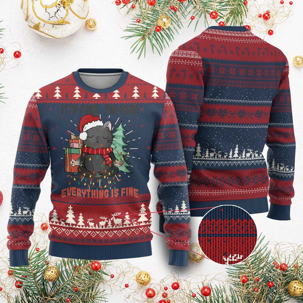 Christmas Black Cat Ugly Christmas Sweater It's Fine I'm Fine Everything Is Fine Xmas Light Funny TS02 Burgundy Print Your Wear