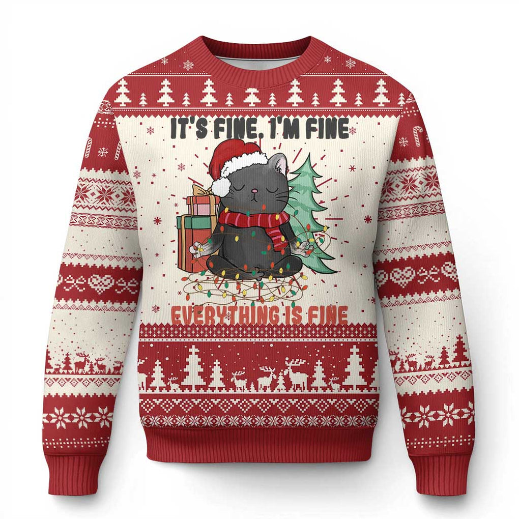 Christmas Black Cat Ugly Christmas Sweater It's Fine I'm Fine Everything Is Fine Xmas Light Funny TS02 Red Print Your Wear