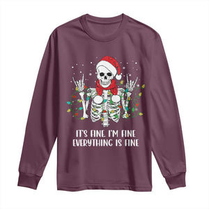 Christmas Skeleton Long Sleeve Shirt It's Fine I'm Fine Everything Is Fine Xmas Light Funny TS02 Maroon Print Your Wear