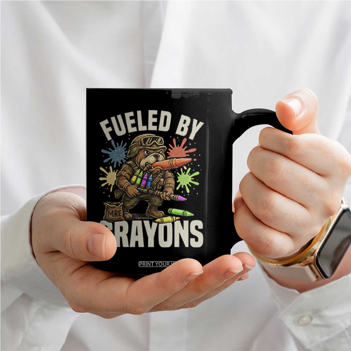 Fueled by Crayons Bulldog Soldier Coffee Mug Funny Combat Veteran Crayon Launcher TS02 Print Your Wear