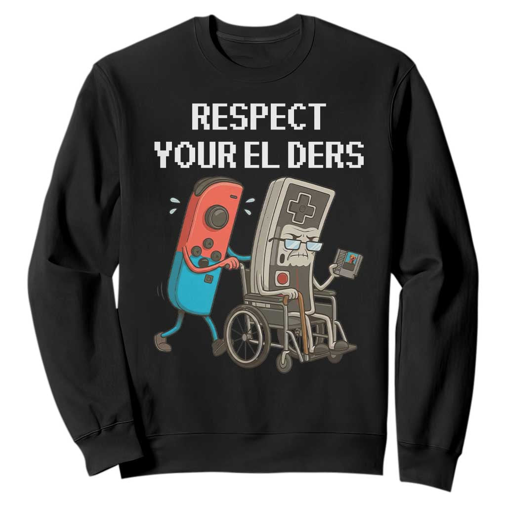 Respect Your Elders Retro Gaming Meme Sweatshirt Funny Gamer Controller 80s TS02 Black Print Your Wear
