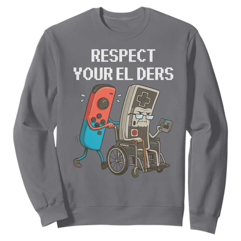 Respect Your Elders Retro Gaming Meme Sweatshirt Funny Gamer Controller 80s TS02 Charcoal Print Your Wear