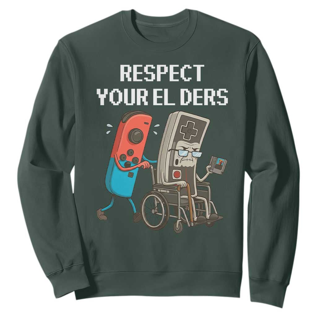 Respect Your Elders Retro Gaming Meme Sweatshirt Funny Gamer Controller 80s TS02 Dark Forest Green Print Your Wear