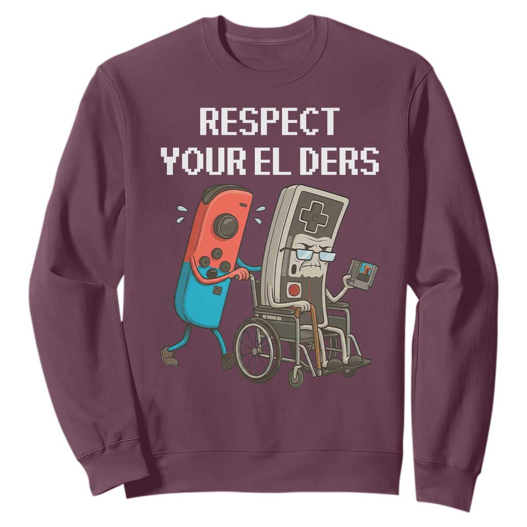 Respect Your Elders Retro Gaming Meme Sweatshirt Funny Gamer Controller 80s TS02 Maroon Print Your Wear