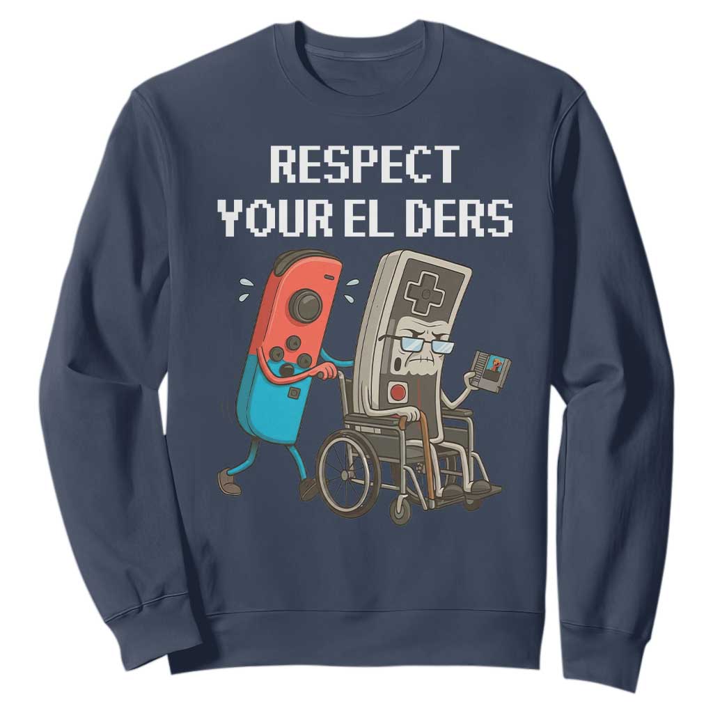 Respect Your Elders Retro Gaming Meme Sweatshirt Funny Gamer Controller 80s TS02 Navy Print Your Wear