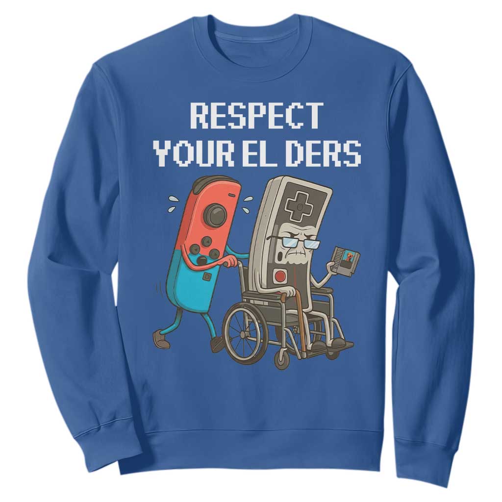 Respect Your Elders Retro Gaming Meme Sweatshirt Funny Gamer Controller 80s TS02 Royal Blue Print Your Wear