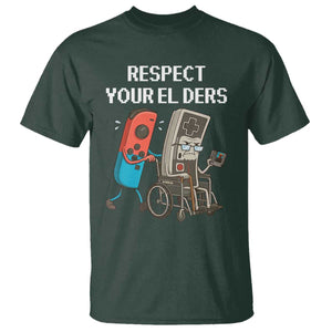 Respect Your Elders Retro Gaming Meme T Shirt Funny Gamer Controller 80s TS02 Dark Forest Green Print Your Wear