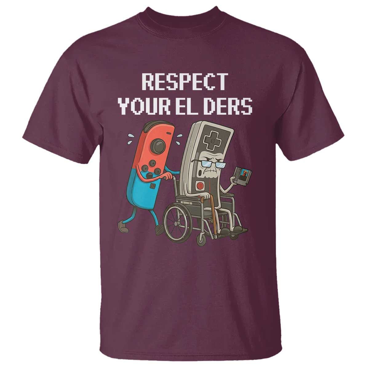 Respect Your Elders Retro Gaming Meme T Shirt Funny Gamer Controller 80s TS02 Maroon Print Your Wear