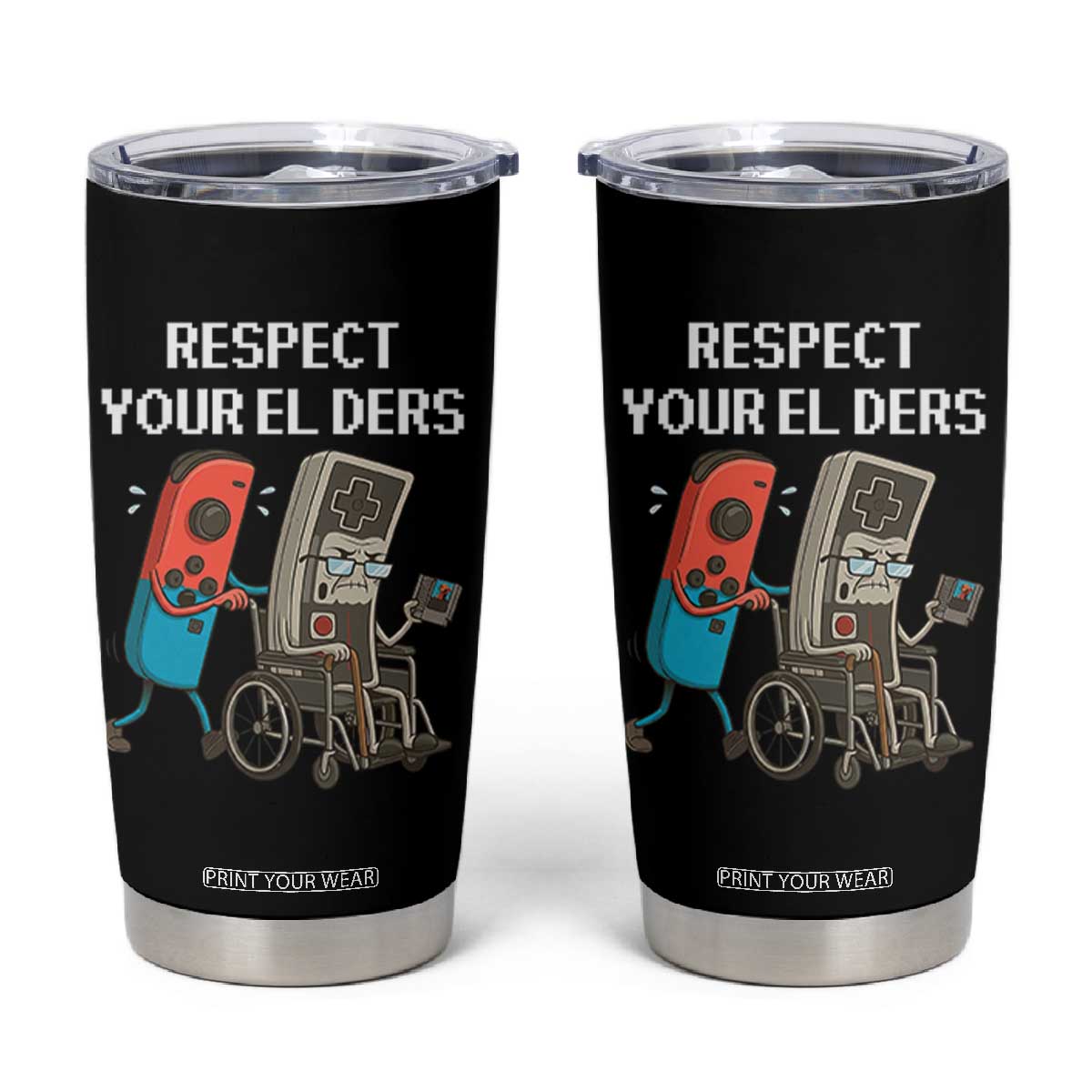 Respect Your Elders Retro Gaming Meme Tumbler Cup Funny Gamer Controller 80s TS02 Black Print Your Wear